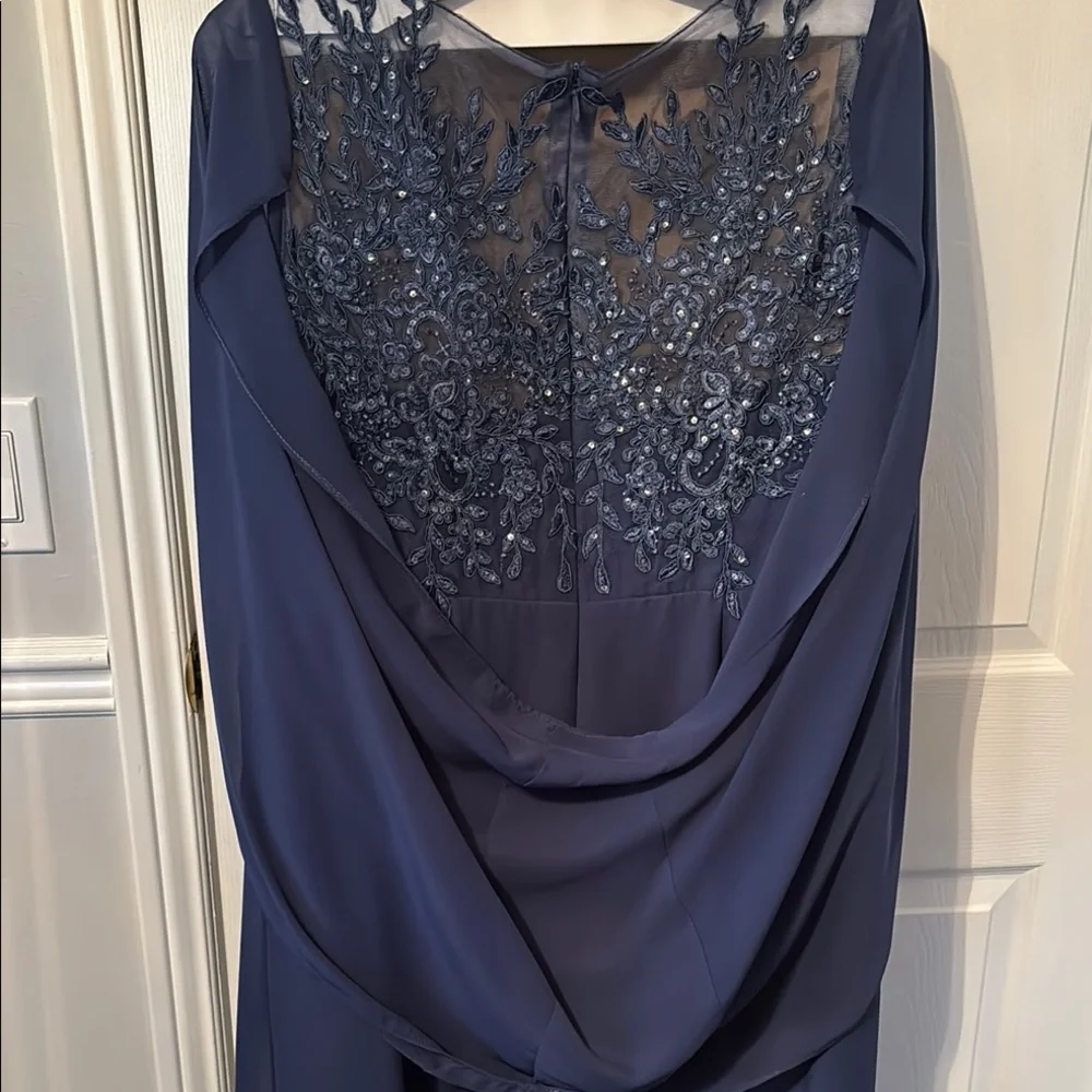 JJs House Navy Blue Scoop Neck Cape Sleeve Mother of the Bride/Groom Gown - Picture 3 of 3